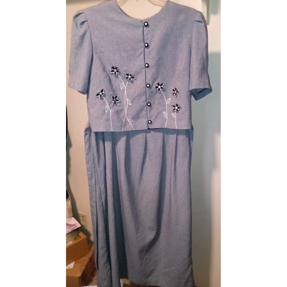 Vintage 90s Miss Dorby Blue Floral Maxi Dress Teacher Prairie Shoulder Pad Sz 12